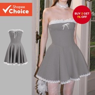 Women Cute Plain Contrast Binding Tie Front Dress L133AD063