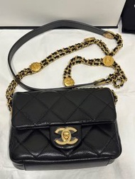 Chanel 金幣鏈帶 黑色垂蓋手袋 17cm Caviar Black Square Mini Flap Bag 黑金牛皮方胖子