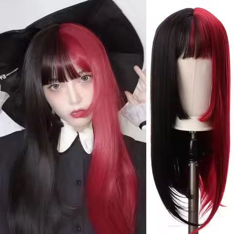 Synthetic Red Purple Wigs for Women Hime cut Fringe Bangs Split Dye Halloween Party Cosplay items Wi
