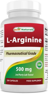 Best Naturals L-Arginine 500mg 250 Capsules - Pharmaceutical Grade L Arginine supplement promotes ni
