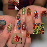 24pcs Almond Shaped Nail Art Set, Metallic Finish, Colorful Crocodile Texture, Embellished With Thre