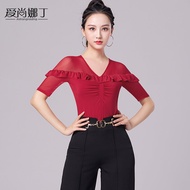 Aishanadin ผู้หญิง Latin Dance Top แขนสั้นโพลีเอสเตอร์ V คอ Rumba Cha-Cha Samba Denim Bullfighting D