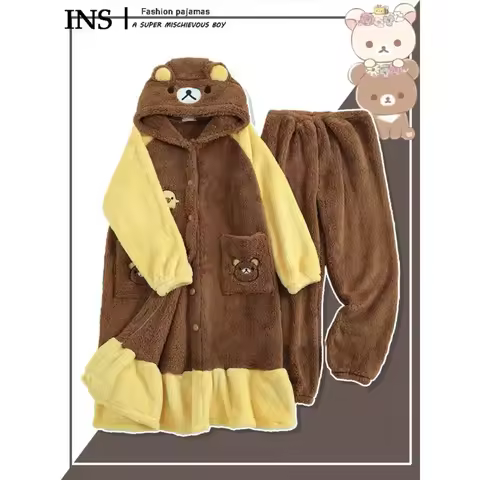 Cute Rilakkuma Pajama SetWinter Warm Fleece Hooded Pajamas Cartoon Plush Women's Loungewear Stylish 