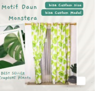 Gorden Hijau Motif Daun Monstera - Gorden Jendela Katun Smokring