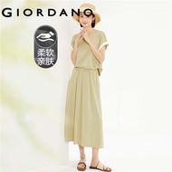 GIORDANO Women Dresses Fake 2-Piece Elastic Waist Stretchy Dresses Crewneck Cap Sleeve Simple Fashio