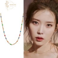 Roselife Korean Gold Ultra Thin Chain Colorful Beads Choker Short Necklace for Women Girls IU Same Style Popular Summer Vacation Collarbone Chain Necklaces Jewelry Accessories