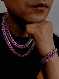 Cadena de eslabones para hombres de 1PC Ancho de 15MM Collar y pulsera de cadena de plata dorada púrpura AAA+ de aleación de zinc con pedrería para hombres y mujeres hip hop