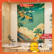 Mành tre trúc in tranh UV hình phong cảnh chim và hoa đào. Mành tre trúc trang trí decor cafe spa.1K