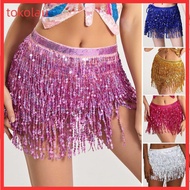 [TOKO] Women Belly Dance Skirt Chain Tassel Sequin 3-layer Lace-up Bohemian Clubwear Performance Min