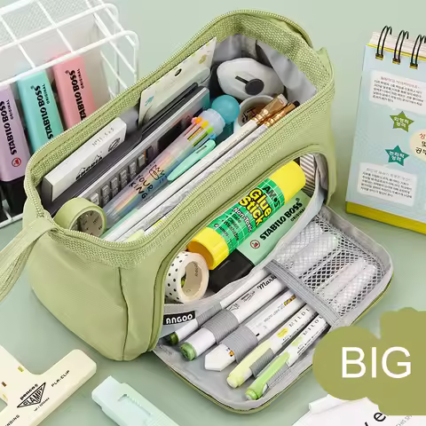 Angoo Side Window Cute Pencil Case Special Macaron Color Canvas Big Pencil Box Storage Bag Kids Stud