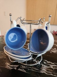 原瓷內藍色咖啡杯盤組+杯盤收納架