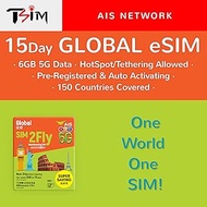 TSIM Global eSIM Card | 15 Days 6GB | Now with 5G Network | Auto Activating | 150 Countries Covered: