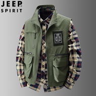 เสื้อกั๊ก JEEP เสื้อกั๊กหลายกระเป๋าผู้ชายเสื้อกั๊กชายทรงหลวมไซส์ใหญ่คอตั้งใหม่เสื้อกั๊กถ่ายภาพเสื้อก