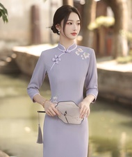 New Style Violet Long Sleeve Cheongsam Elegant Simple Performance Chinese Style Young Womens Qipao T