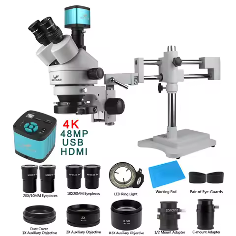 3.5X 90X 180X Simul-Focus Double Boom Stand Trinocular Stereo Zoom Microscope 48MP 55MP 2K 4K HDMI V