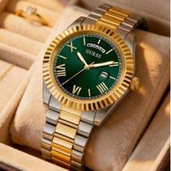 Classic Men's Quartz Analog Watch, Green Round Dial, Silver-Tone Stainless Steel Strap, Suitable For