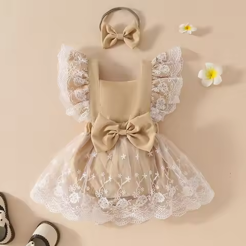 0-18M Baby Girl Floral Dress Buttons Bows Cute Bodysuits with Headband Newborn Baby Girls 2Pcs Outfi