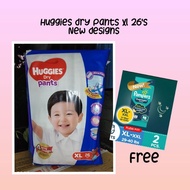Huggies dry Pants Diaper XL 26's + free 2 pc Pampers overnight xl