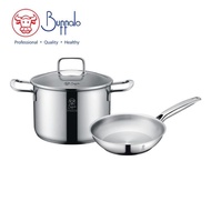 [行貨] 牛頭牌 BUFFALO Pro Twins Cook 不銹鋼加厚底3件廚具套裝：雙耳煲 20cm/3.8L + 單柄煎鍋 20cm + 玻璃蓋 20cm (35020SF1) - 免費速遞