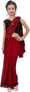 Girls Lycra Blend Ruffle Pattern Party Wear Saree With Velvet Unstitched Blouse Piece, Red, 6-7 Year
