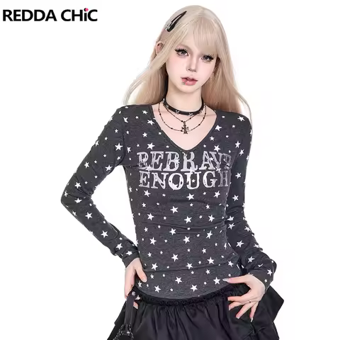 REDDACHiC Grunge Y2k Star Tee Top Retro Gray Lettering V-neck Stretch Slim Long Sleeves Graphic T-sh