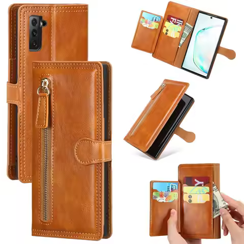 Samsung S21 FE Case Luxury Leather Zipper Flip Wallet Case For Samsung Galaxy S21 FE Cover For S21 F