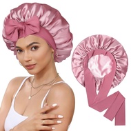 SatinBonnetforingCapDoubleLayerHairBonnetwithElasticTieBandforCurlyHairNightCap(BeanPaste+Pink) 4I4O