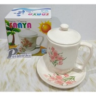Mug Keramik Sanya Set Tutup + Tatakan / Gelas Mama Papa
