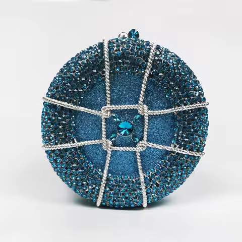 XIYUAN Women Sky Blue Stone Clutch Purse Crystal Evening Bags Hard Case Metal Minaudiere Rhinestone 