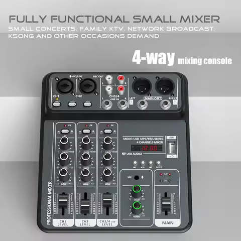 4-channel audio mixer USB studio mixer Bluetooth DJ mixer 48V phantom power karaoke music mixer