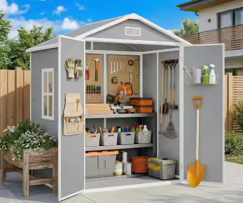 6x4.4 FT Outdoor Storage Shed with Floor, All-Weather Resin Garden Shed with Lockable Doors & Window