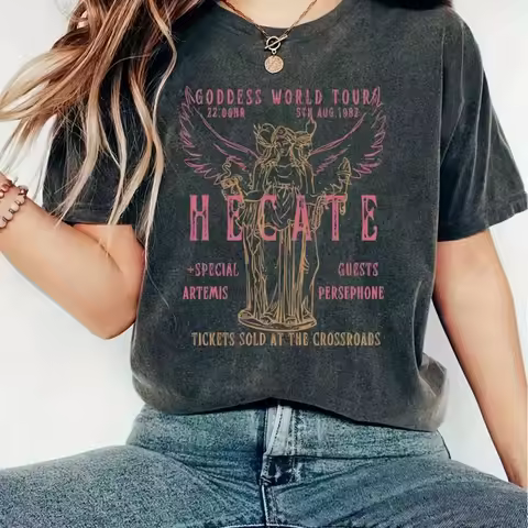 Women's Retro Hecate Goddess Pattern Printed T-shirt Short Sleeve Round Neck Top oversized t shirt s