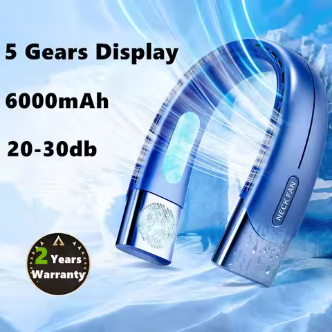New 6000mah Portable Neck Fan Cooler USB Rechargeable Mini Electric Fan Small Neck Cooling Fan Blade