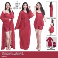 BAJU TIDUR KIMONO SET SATIN CELANA PENDEK RED