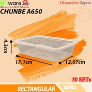 CHUNBE A650 650ml Rectangular Container with Lid [ 50sets ] / 650ml - Plastic Food Box- Bekas Makana