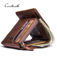 CONTACT'S Genuine Crazy Horse Leather Men Wallets Vintage Trifold Wallet Zip Coin Pocket Purse Cowhide Leather Wallet For Mens