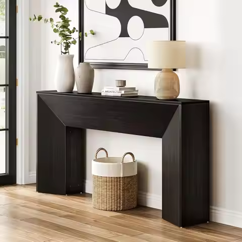 LITTLE TREE Console Table, 63 Inches Extra Long Black Wooden Sofa Table for Living Room, Modern Hall