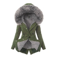 Winter Down Coat Padded with Furry Hood And Pockets Zipper Closure Parka Windproof Heat Retention Da