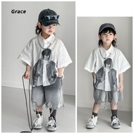 [Grace] (Ready Stock) Boy Suit 2025 New Style Korean Version Children Short-Sleeved Shirt+Jeans Two-