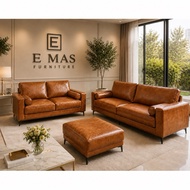 LIVING MODERN SOFA （PREMIUM LEATHER 100% SOLID WOOD SOFA） 3 SEATER + 2 SEATER + 1 SEATER + STOOL