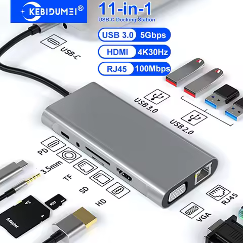 KEBIDUMEI USB Docking Station 11-in-1 USB 3.0 HUB USB C Splitter Type C to 4K HDMI VGA PD RJ45 100M 