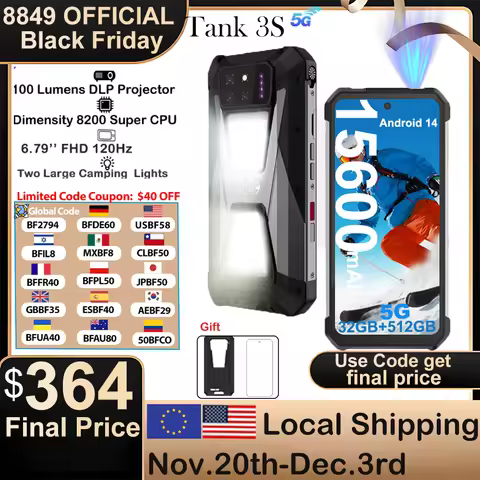 8849 Tank 3S Unihertz Rugged Smartphone with Projector 5G 24/32GB RAM 256/512GB ROM Dimensity 8200 6