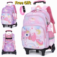 Beg Sekolah Perempuan Roda Unicorn Budak 6 Wheel Pupils Trolley Bag Schoolbag For Kids Girls 1-6 Grade Children's Burden Reduction Backpack