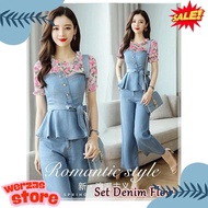Wse390 - Set 3In1 Denim Flow Top + Pants + Buckle Size Fit L To Xl Ld 100 Cm Pj 62 Cm Pj Pants 90 Cm