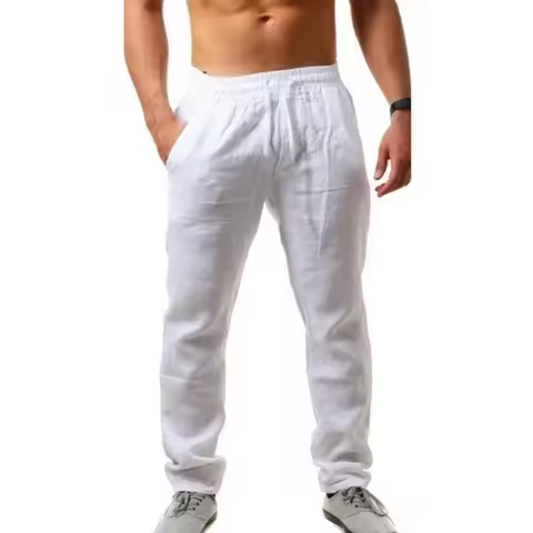 Men's Cotton Linen Pants Male Autumn New Breathable Solid Color Linen Trousers Fitness Streetwear S-
