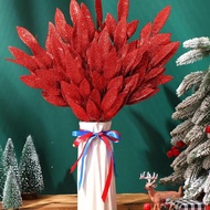 8Pcs/3Pcs/Pack Artificial Christmas Glitter Leaves Decor,Red Fake Silver Glitter Bay Leaf Decor,Faux