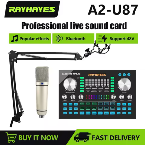 RAYHAYES A2 Live Sound Card U87 Condenser Microphone Set Cardioid Mic Studio Recording Equipment For