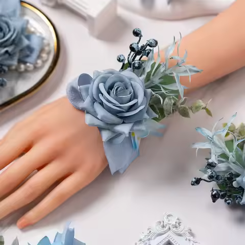 Dusty Blue Wrist Corsage Wedding Bracelet for Bridesmaid 6pcs Silk Wrist Corsage Bridesmaid Sisters 