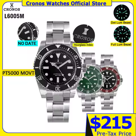 Cronos Sub Diver Men Watch No Date PT5000 Brushed Bracelet Ceramic Bezel 200 meters Water Resistant