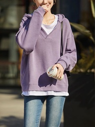 เสื้อสเวตเตอร์คอกลมแขนยาวมีฮู้ดสไตล์เกาหลีสำหรับผู้หญิงไซส์ใหญ่ ทรงหลวม ทรงปกติ ฤดูใบไม้ผลิและฤดูใบไ